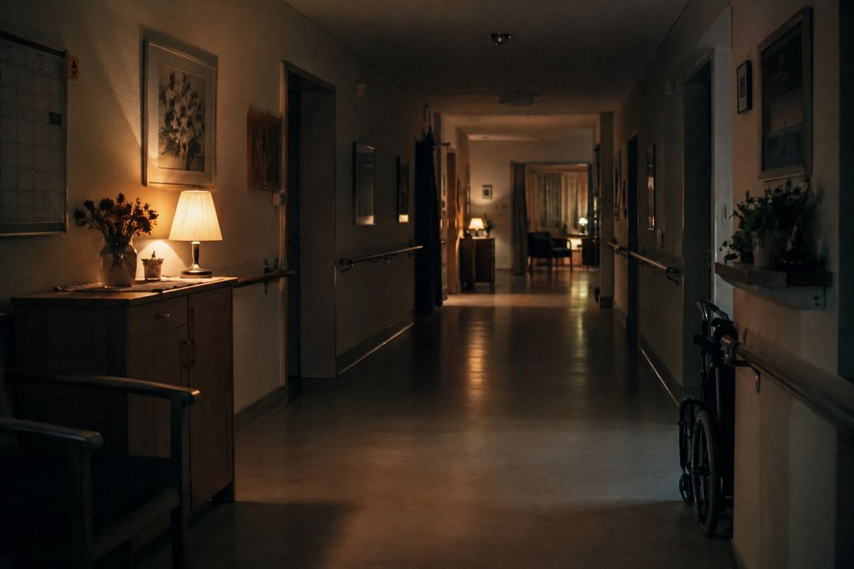 Schwach beleuchteter Flur einer Pflegeeinrichtung bei Nacht. Kleine Lampen brennen auf einer Kommode und am Ende des Flurs.